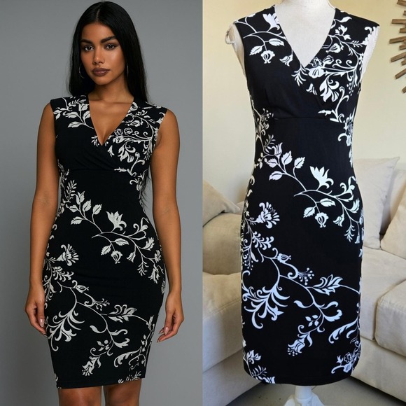 Vtg y2k Charlotte Russe Black White Floral Dress Sleeveless Babydoll Stretchy - Picture 2 of 10